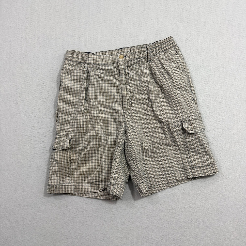 Vintage Pacific Beach Cargo Shorts Mens 34 Beige Plaid Cotton Pleated Skater 90s